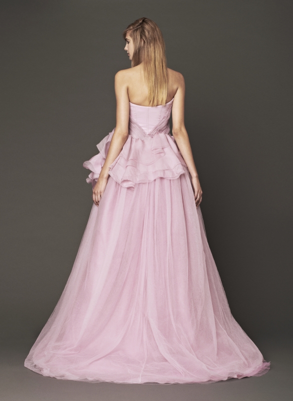 Vera Wang - Fall 2014 Bridal Collection - Wedding Dress Look 3
<br><br>
Petal strapless silk ball gown with hand draped tulle bodice and organic flower detail accented by silk organza ruffles.

<br><br>
